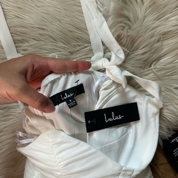 LULU’S Darling Deets White Ruched Mesh Tie Strap Bodycon Mini Dress - Picture 5 of 5